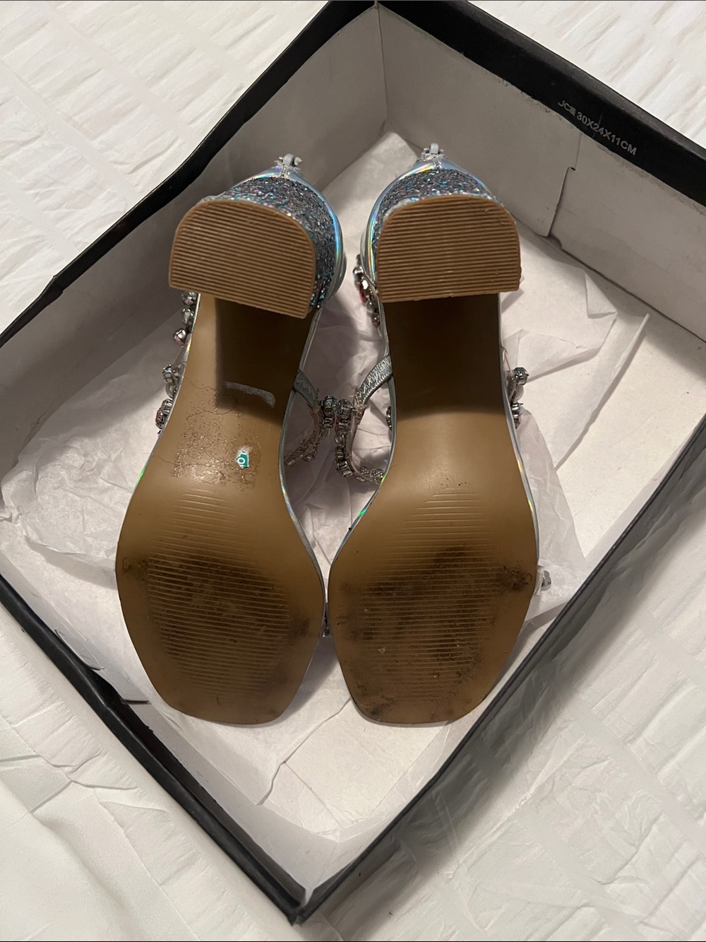 Betsey Johnson Iridescent Jeweled Heels with Pink Heart Accents - Picture 4 of 5